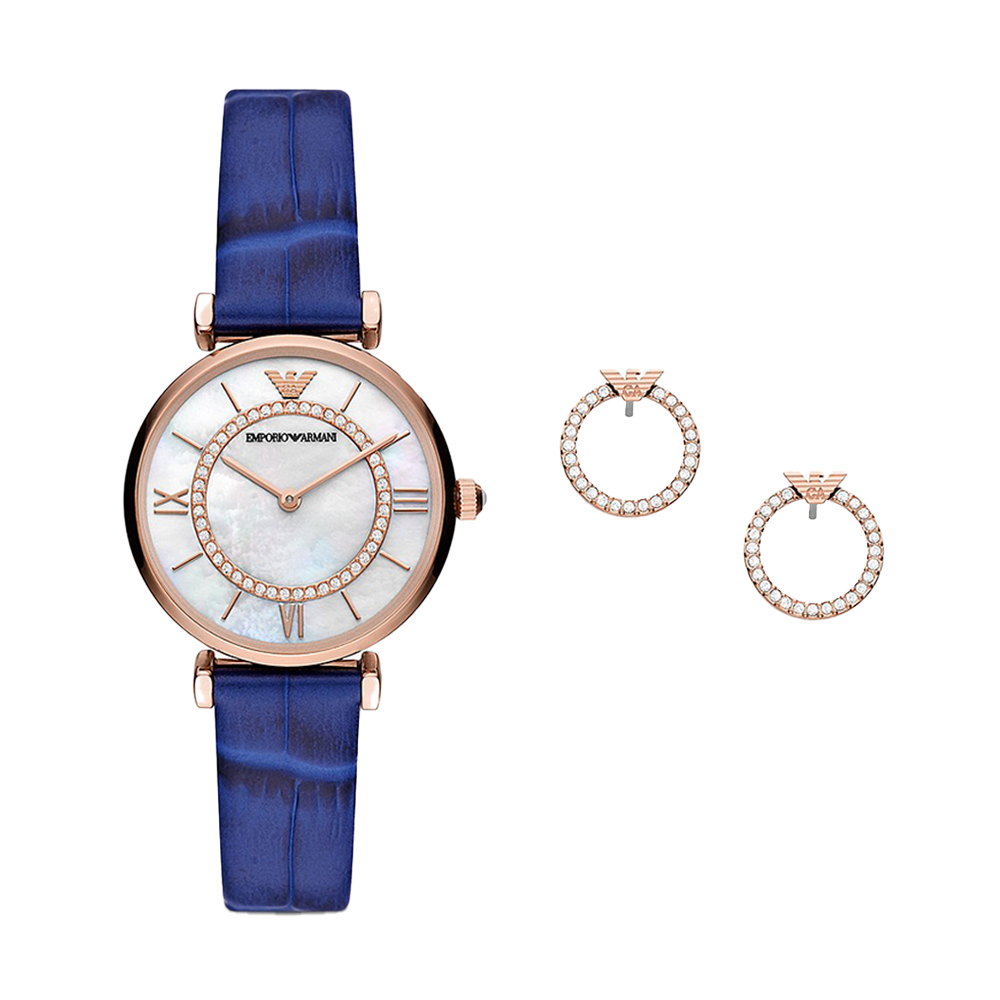 Picture of Emporio Armani Two-Hand Blue Leather Watch and Earring Gift Set AR80053